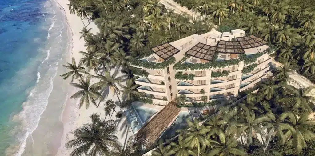 Drone Render of Nautila Building and Beach